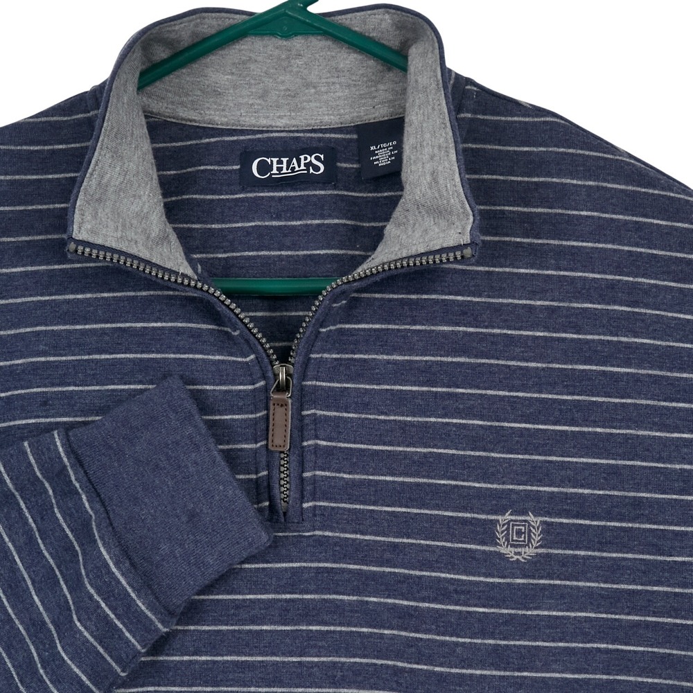 Chaps 1/4 Zip Pullover Mens XL Navy Blue Striped Long Sleeve Cotton Blend